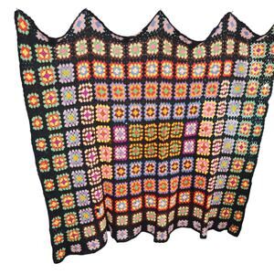 Vintage Granny Square Crochet Blanket 60x50 Black Multicolor